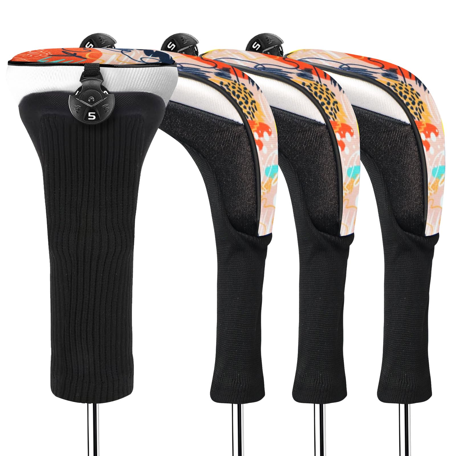 FINGER TEN Golf Club Head Covers Woods Hybrids Long Cover, Headcovers with Interchangeable No. Tags Fit All Hybrids Wood Clubs Light Durable (Orange-4 Pack Hybrid Covers)