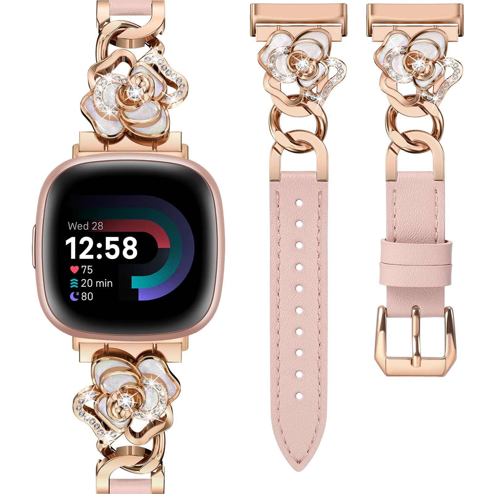 Minyee Leather Band Compatible with Fitbit Versa 4/3/Sense 2/1 Watch Bands Women, Dressy Slim Elegant Leather Metal Chain Strap with Bling Cute Camellia Charms for Versa 4 Smartwatch, Pink/Rose Gold