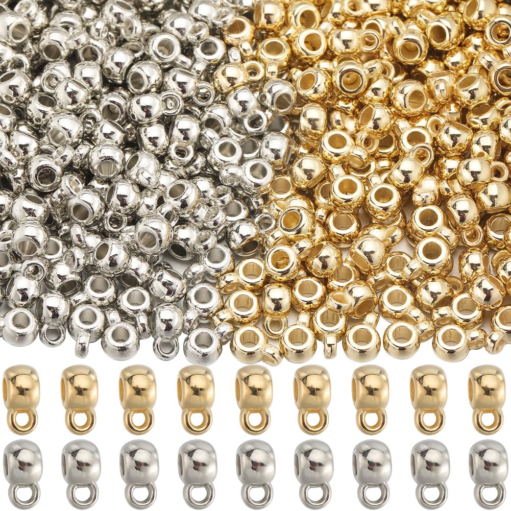 SUNNYCLUE 1 Box 400Pcs Bail Beads Charms Bails Beads Silver Gold Plastic Tube with Loop Rondelle Spacer Connector Links for Jewellery Making Accessories DIY Bracelet Necklace