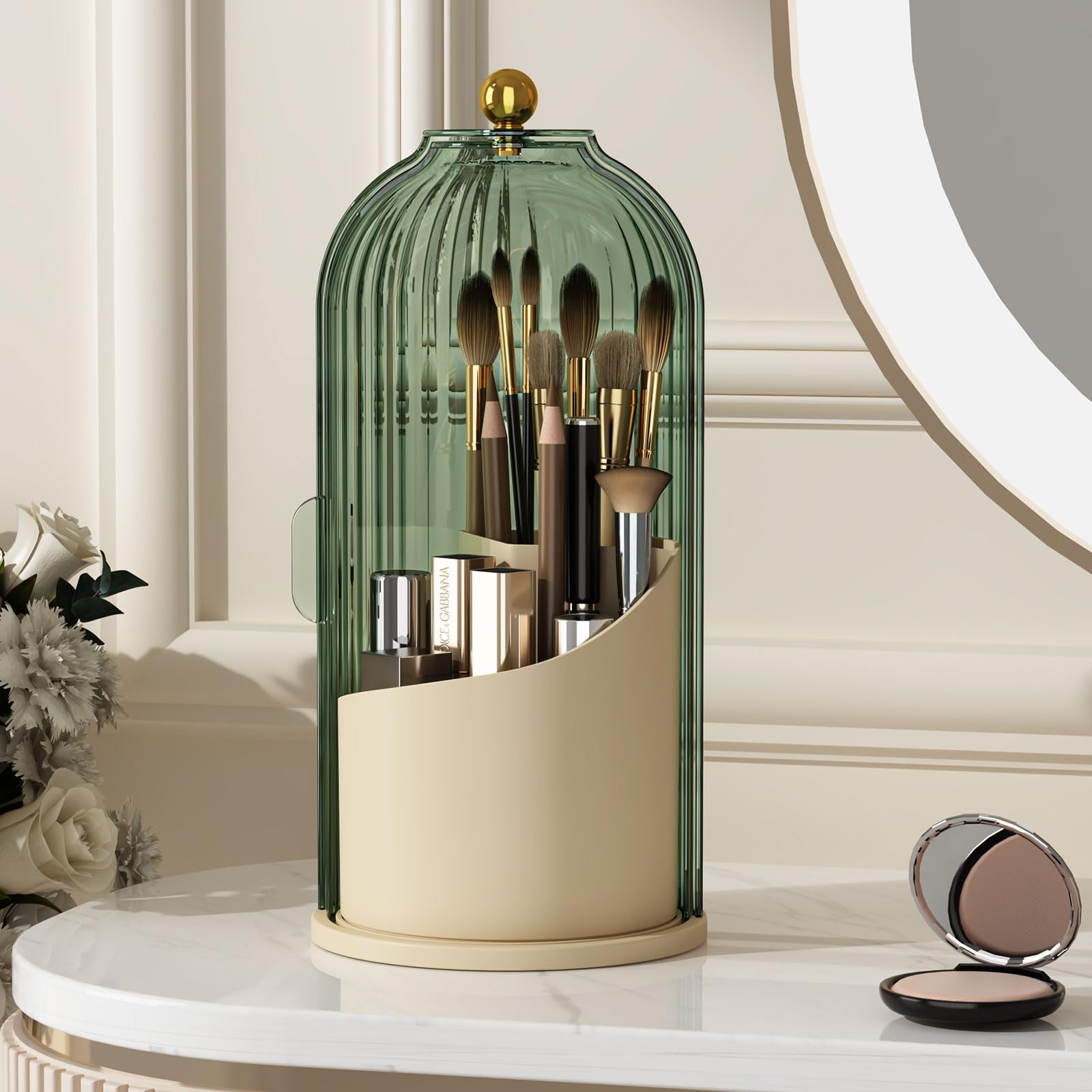 Photo 1 of YOOLENS Makeup Brush Holder with Lid 360 Rotating Clear Dustproof Make Up Organizers for Vanity Bathroom Countertop, Green Beige