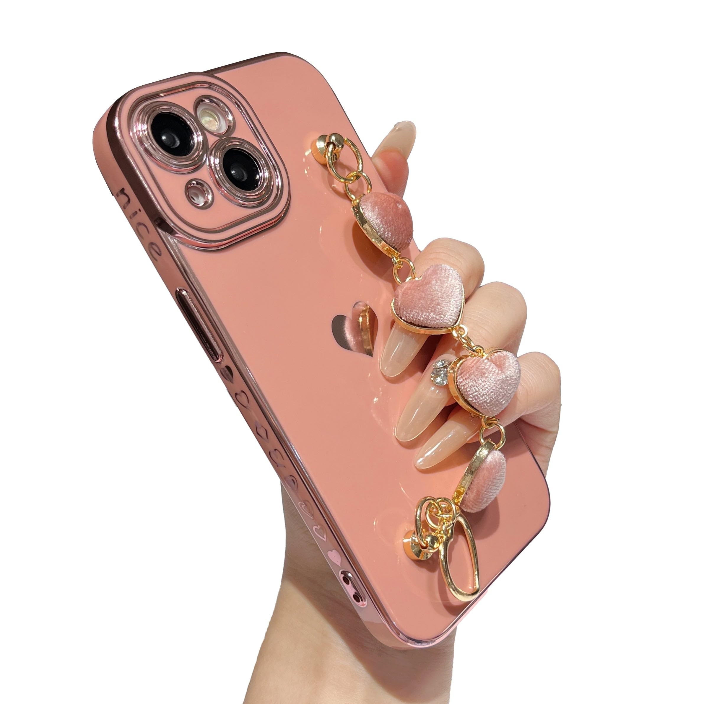 Caseative for iPhone 15 Case,Cute Plating Love Heart Wrist Strap Chain Bracelet Phone Case (Pink)