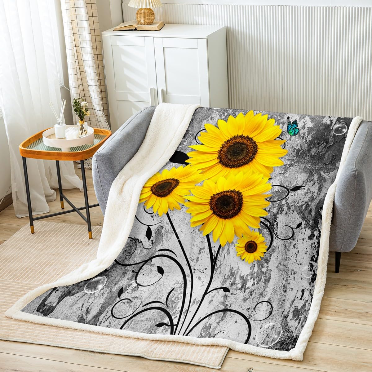 Yellow Sunflowers Throws Blanket,Blue Butterfly Floral Theme Sherpa Blanket for Girls Teens Gift, Retro Grey Wall Print Microfiber Fleece Blanket for Room Decor, Throw Size (50 x 60 Inches)