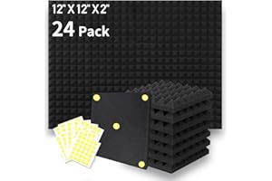 Focusound 24 Packs Acoustic Foam Panels Pyramid 2" X 12" X 12" High Density 25kg/m3, Soundproofing Foam Noise Cancelling Foam with 120 PCS Double-Side Adhesive