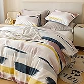 SUSYBAO Pink Yellow Striped Duvet Cover Queen 100% Cotton 3 Pcs Set 1 Reversible Aesthetic Geometric Duvet Cover with Zipper Ties 2 Pillowcases Modern Colorful Abstract Art Stripe Bedding Set Soft