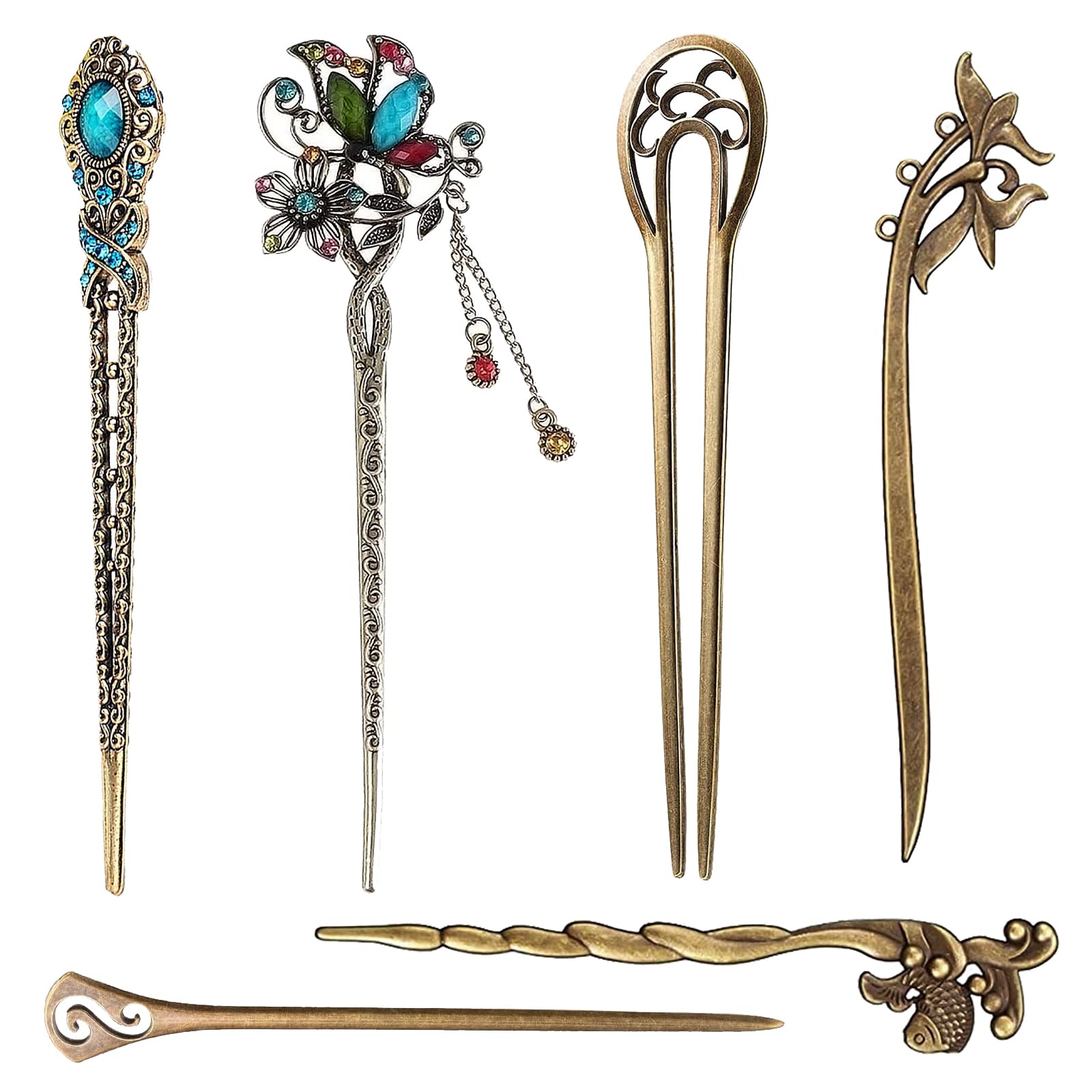 Pack of 6 Antique Hair Pins & Stick Vintage Hair Sticks, Retro & Elegant for Women