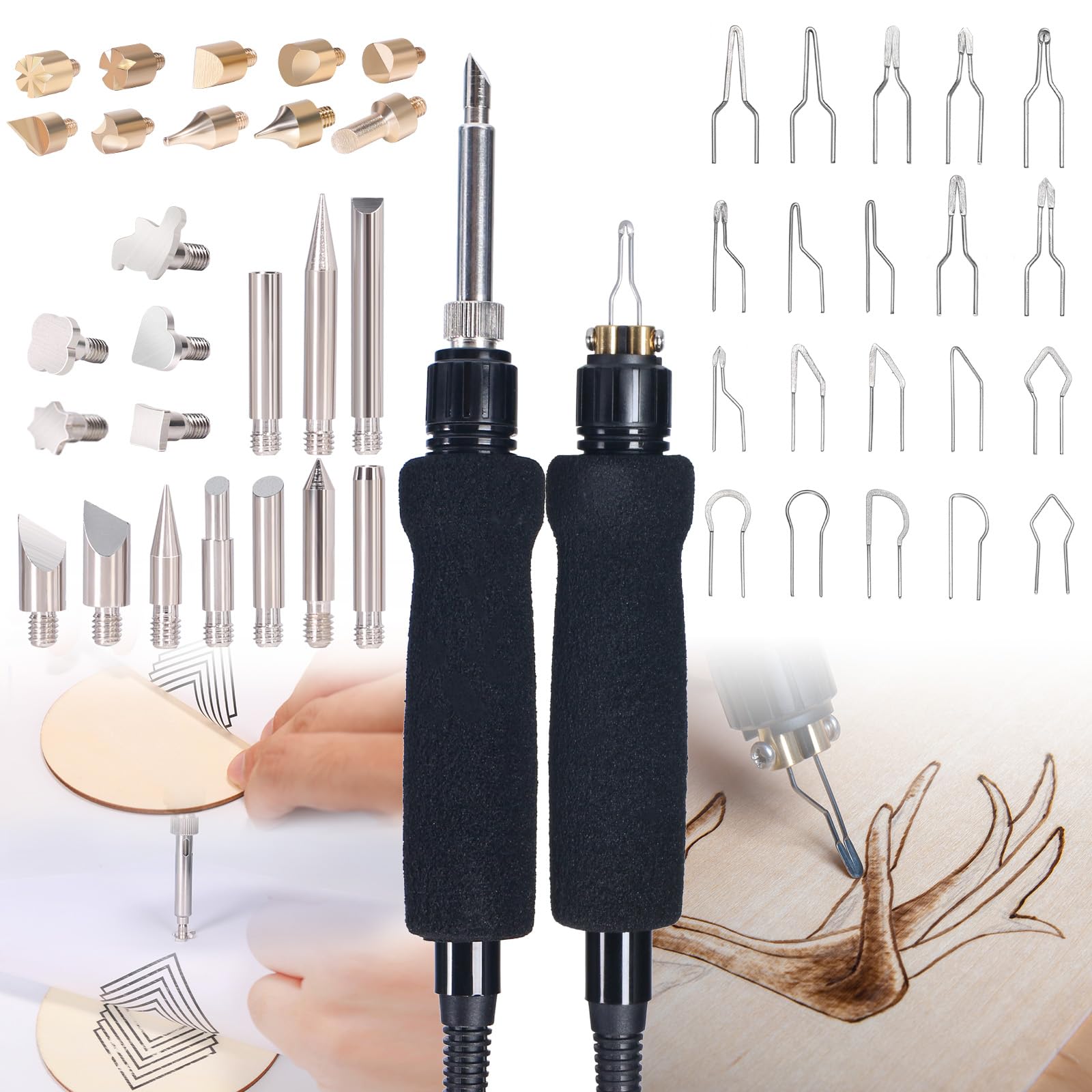 YIHUA 939D-II Pyrography Pen Wood Burning Kit Station 2-in-1 Solid-Point 200~480°C (with Temp Display)/Wire-Nib 250~750°C with 20 Nibs, Solid Points, 1 Stable Pen Holder, 2 Scrap Wood (Blue)