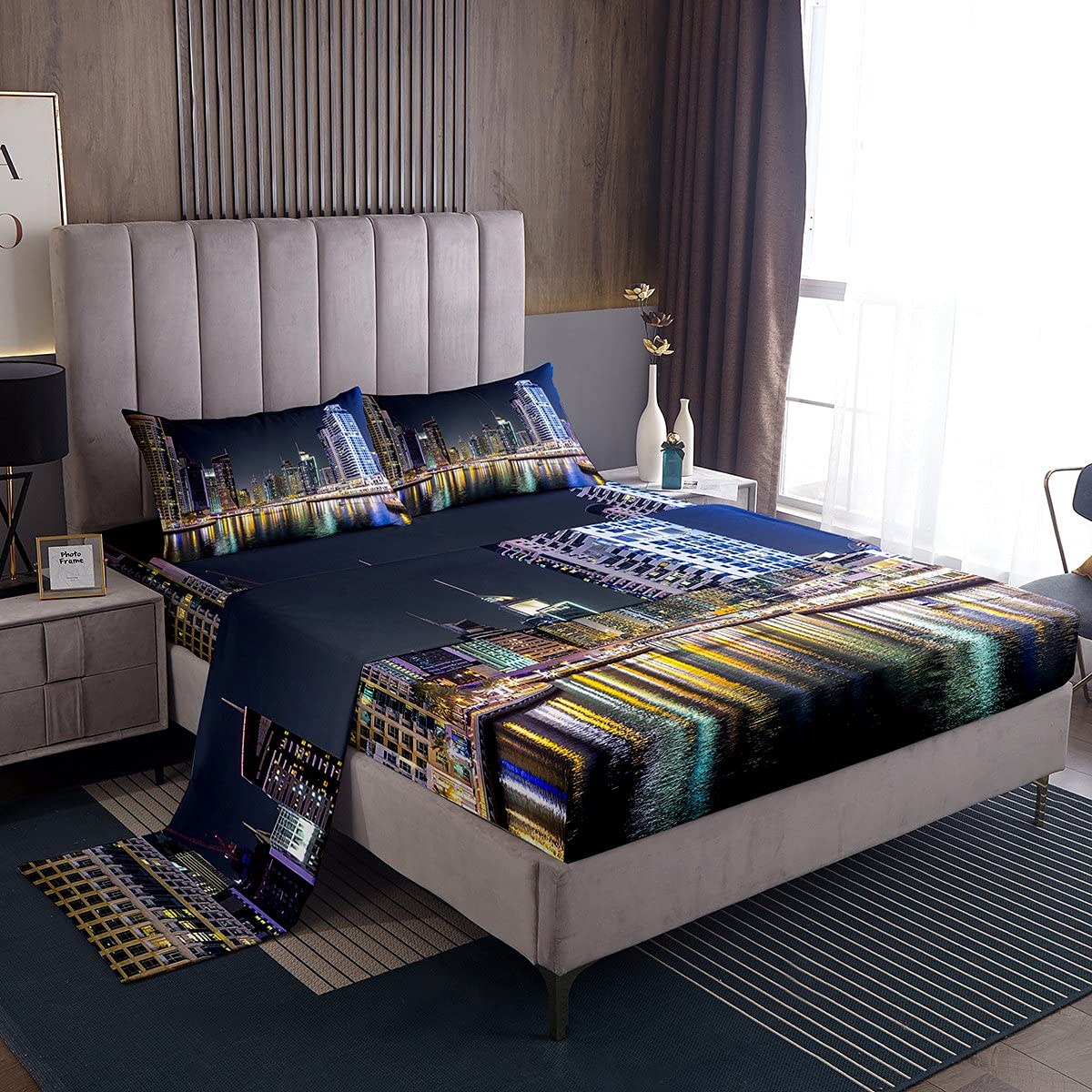 Loussiesd New York City Bed Sheets Set America Style Bedding Set City View Print Fitted Sheets 4Pcs Sheets Includes 1 Sheet & 1 Flat Sheet with 2 Pillowcase Soft King — image 1