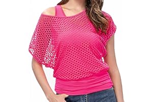 Women's Casual Sexy 80s 90s Outfits Neon Costumes Off Shoulder T-Shirt, Fishnet Mesh Crop Tank Tops