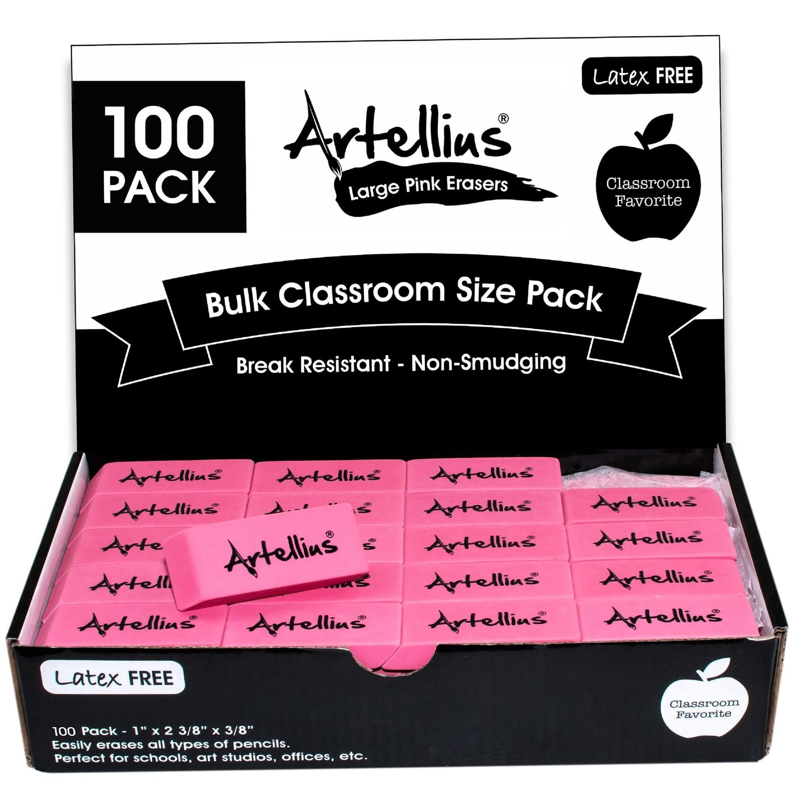 Artellius Pink Erasers | Latex & Smudge Free | Bulk School Supplies | Classrooms, Teachers, Homeschool, Office, Art Class | Large Size (Pack of 100) Image