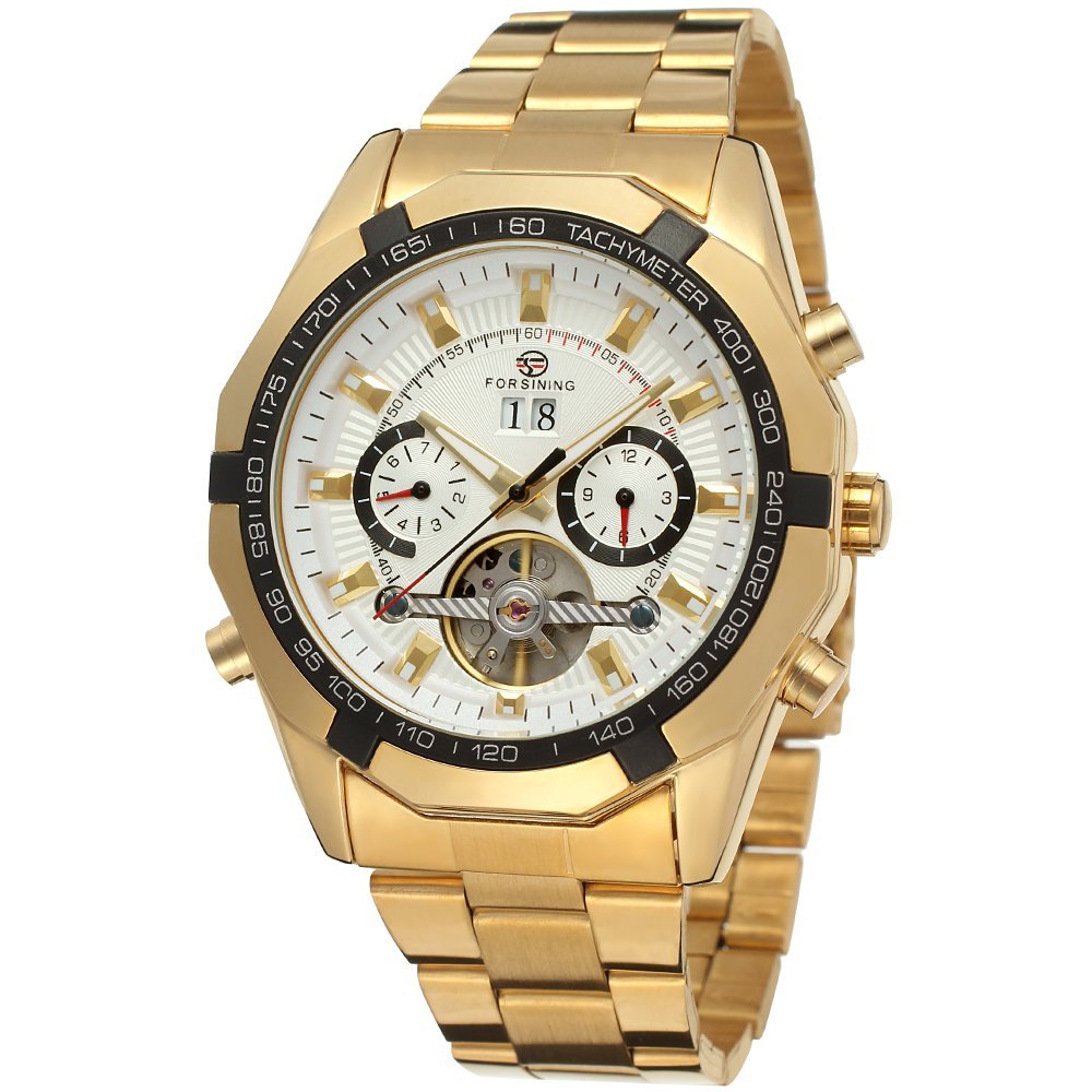 Forsining Men's Automatic Mechanical Transparent Crystal Tourbillon Calendar Wrist Watch FSG340M4G2