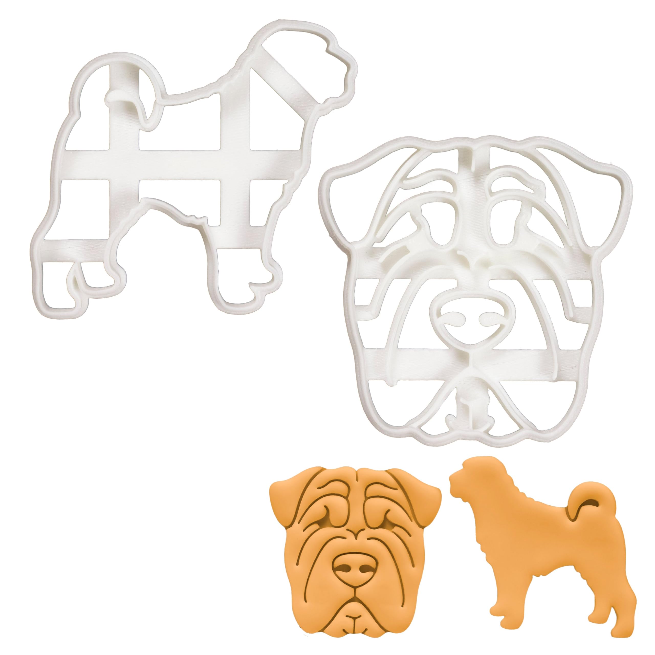 BAKERLOGY Set of 2 Shar Pei Cookie Cutters (Designs: Face & Silhouette) - Detailed Biscuit Cutter Design for Baking and Crafts, Ideal on Fondant, Dough, Clay