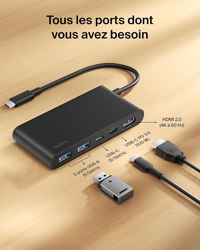 Hub USB-C Ports avec HDMI 4K à 60 Hz, Power Delivery 100 W, Transfert de Données 5 Gbit/s, pour MacBook, iPad Pro, Chromebook, Etc., HDMI 2.0 - Noir
