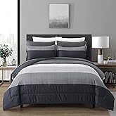7 Pieces Black Grey Striped Comforter King Size - Lightweight Bed in a Bag Bedding Comforters Set, All Season Microfiber Complete Bedding Set with Flat/Fitted Sheet, Pillowcases and Pillow Shams