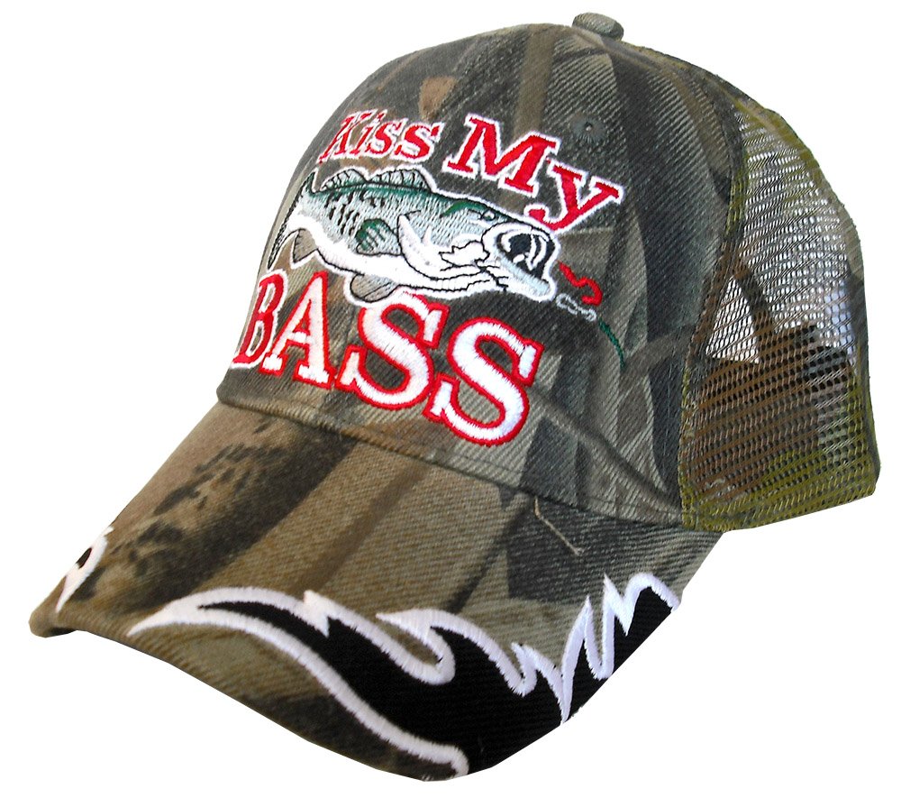 Kiss My Bass with Fish Fisherman 3D Embroidered Baseball Cap Hat, Mesh, One size