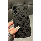 Jusnfu for iPhone 17 Case 6.3 Inch 2025, Aesthetic Rose Floral Goth Phone Case for Women Girls Men, Slim Silicone Protective Phone Cover for iPhone 17, Black Flower