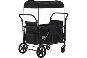 MOOITZ Wagon Stroller for 4 Kids, Wagon Cart with 4 High Face-to-Face Seats and Removable Canopy, Foldable Stroller Wagon with Wheels and Double Adjustable Push Bars for Beach, Garden, Camping, Park