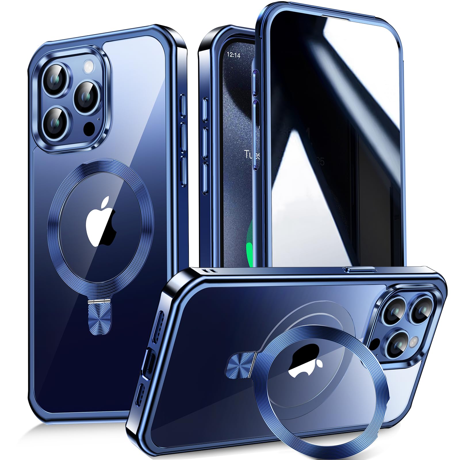 Photo 1 of [CD Metal Ring Stand + Built-in Privacy Screen Protector] Magnetic Case for iPhone 15 Pro 6.1"[Soft Bumper Full Signal] [Compatible with MagSafe] 9H Glass Full Body Shockproof Clear Case,Blue Titanium