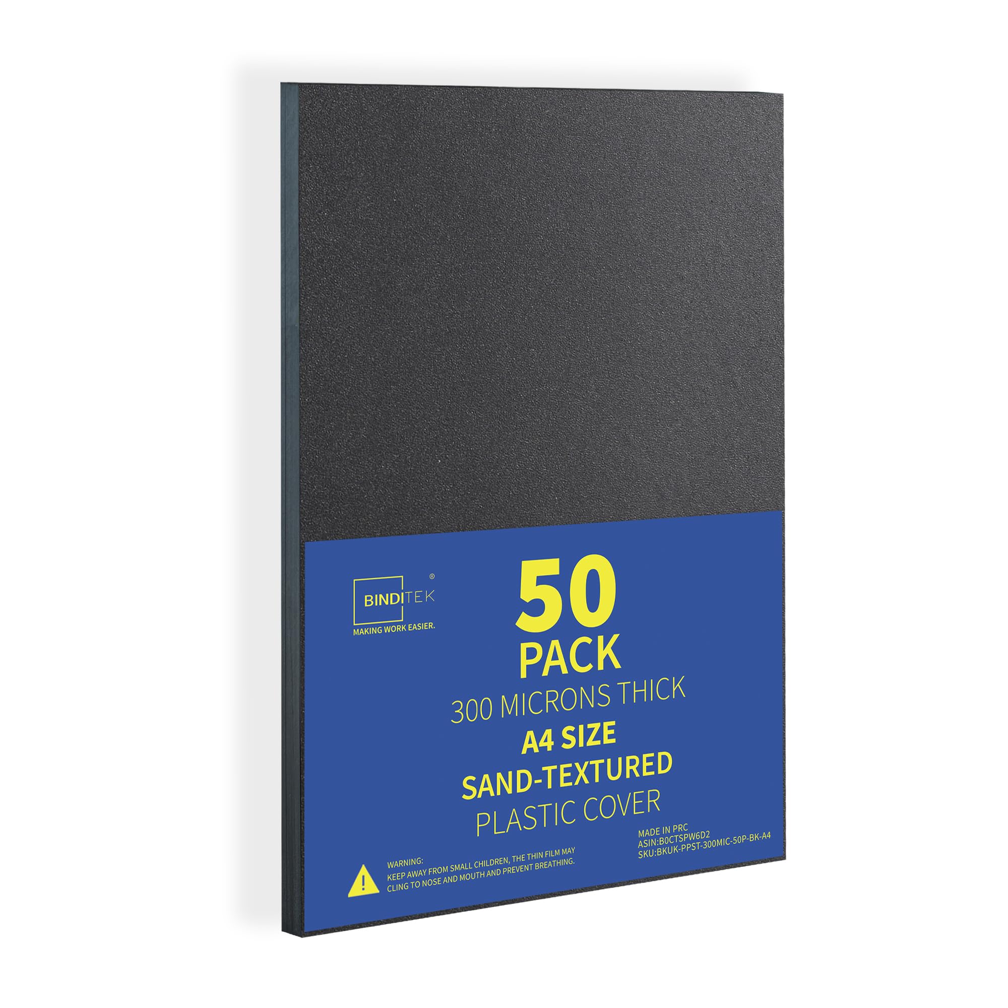 Binditek 50 Pack A4 Sand-Textured Polycover, 300 Microns, Matte,Plastic Binding Cover, Square Corners, Un-Punched