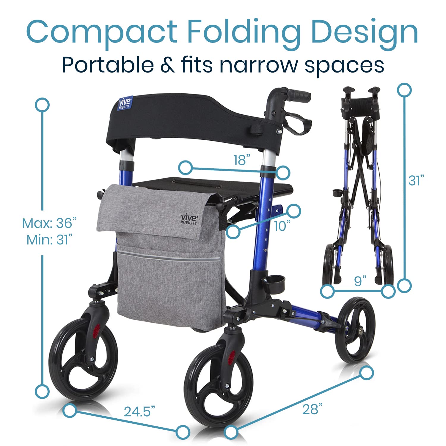 Vive Mobility Rollator Walker - Folding 4 Wheel Medical Rolling Walker with Seat & Bag - Mobility Aid for Adult, Senior, Elderly & Handicap - Aluminum Transport Chair (Blue)