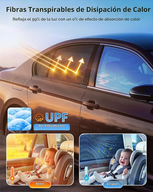 Cortina solar para carro de bebé, 2 unidades para vidros laterais traseiros, tecido elástico duplo respirável, proteção UV e rede mosquiteira, preto