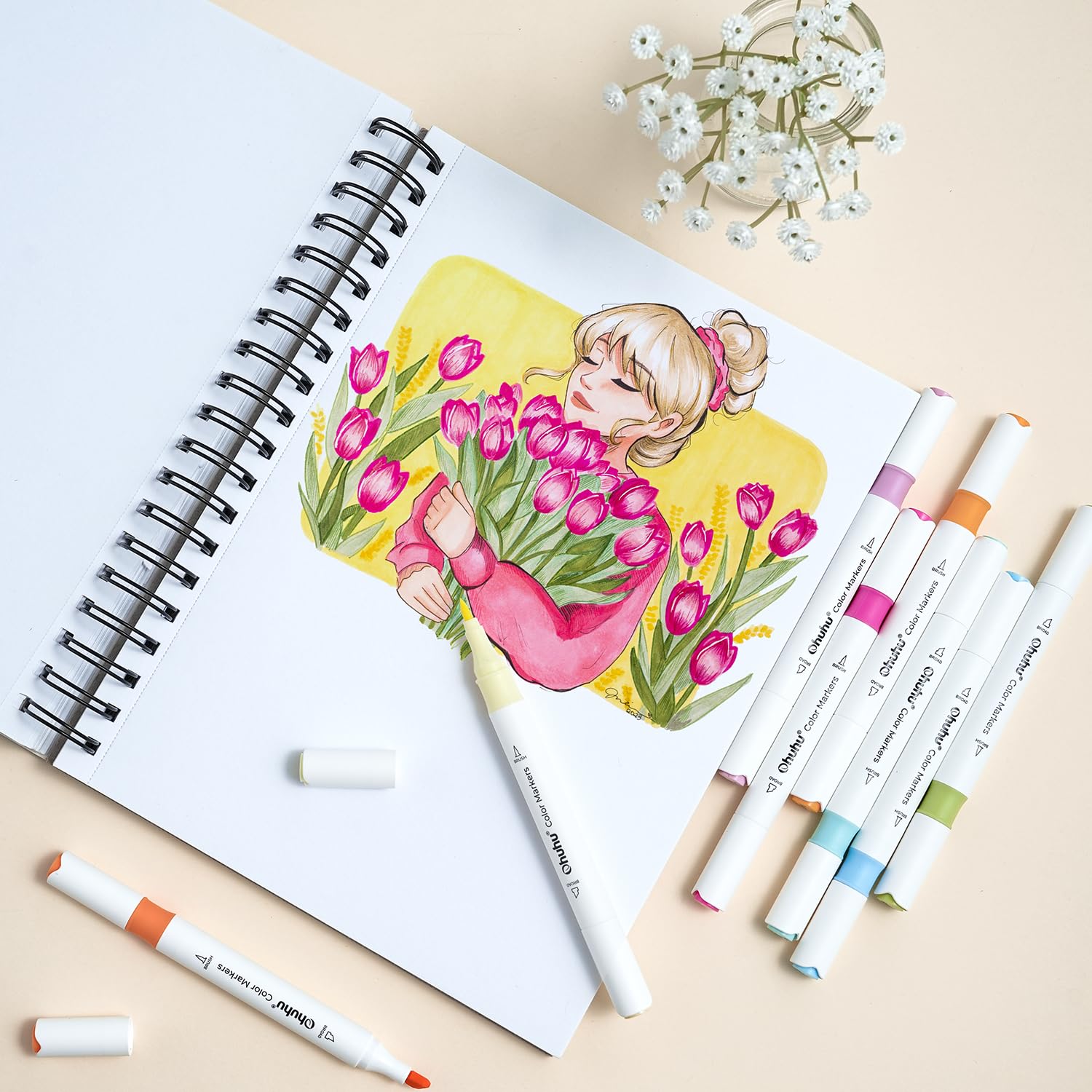 Ohuhu Water-based Markers for Adult Coloring Books No Bleeding 64 Colors Dual Tips Coloring Markers for Kids Adults Beginners Drawing Pens for Journaling Lettering (Brush & Chisel)