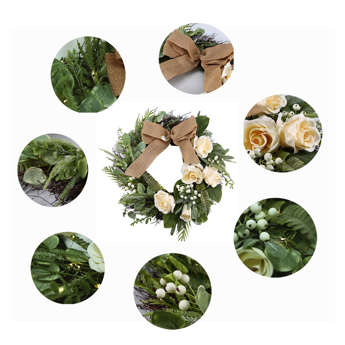 Artificial Outdoor Wreath With Lights 19 Inch Handcrafted Wreaths for Winter Home Decor, Green Front Door Wreath for Garden (Rose)