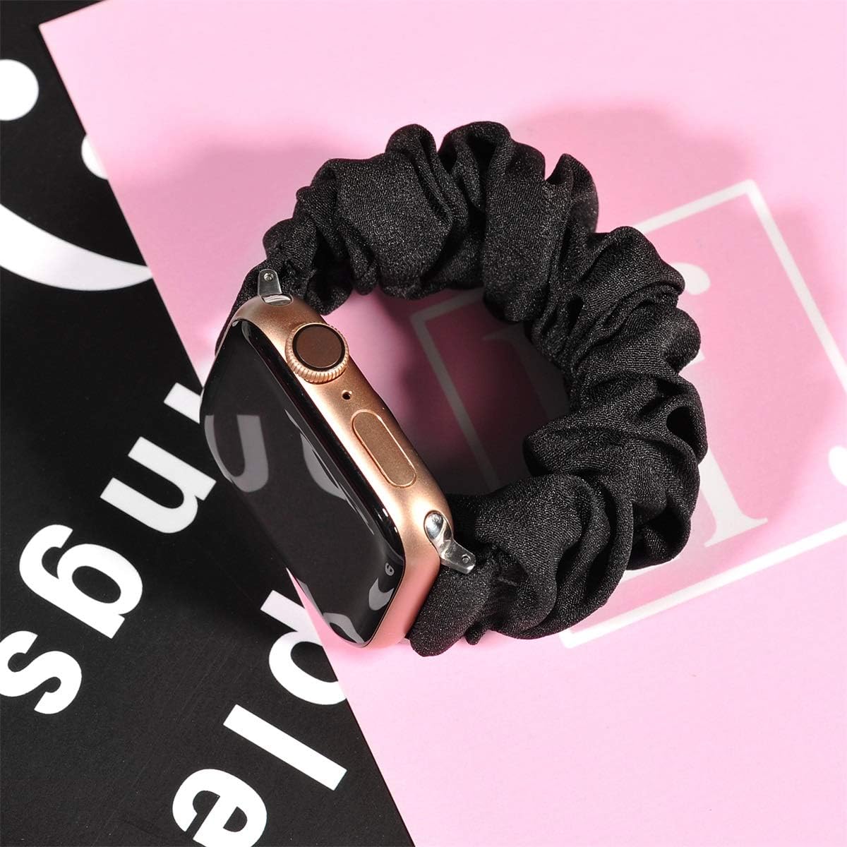TOYOUTHS Compatible with Apple Watch Band Scrunchies 38mm Cloth Soft Pattern Printed Fabric Bracelet Women Rose Gold IWatch Cute Elastic Scrunchy Bands 40mm Series SE 6 5 4 3 2 1(Black S)