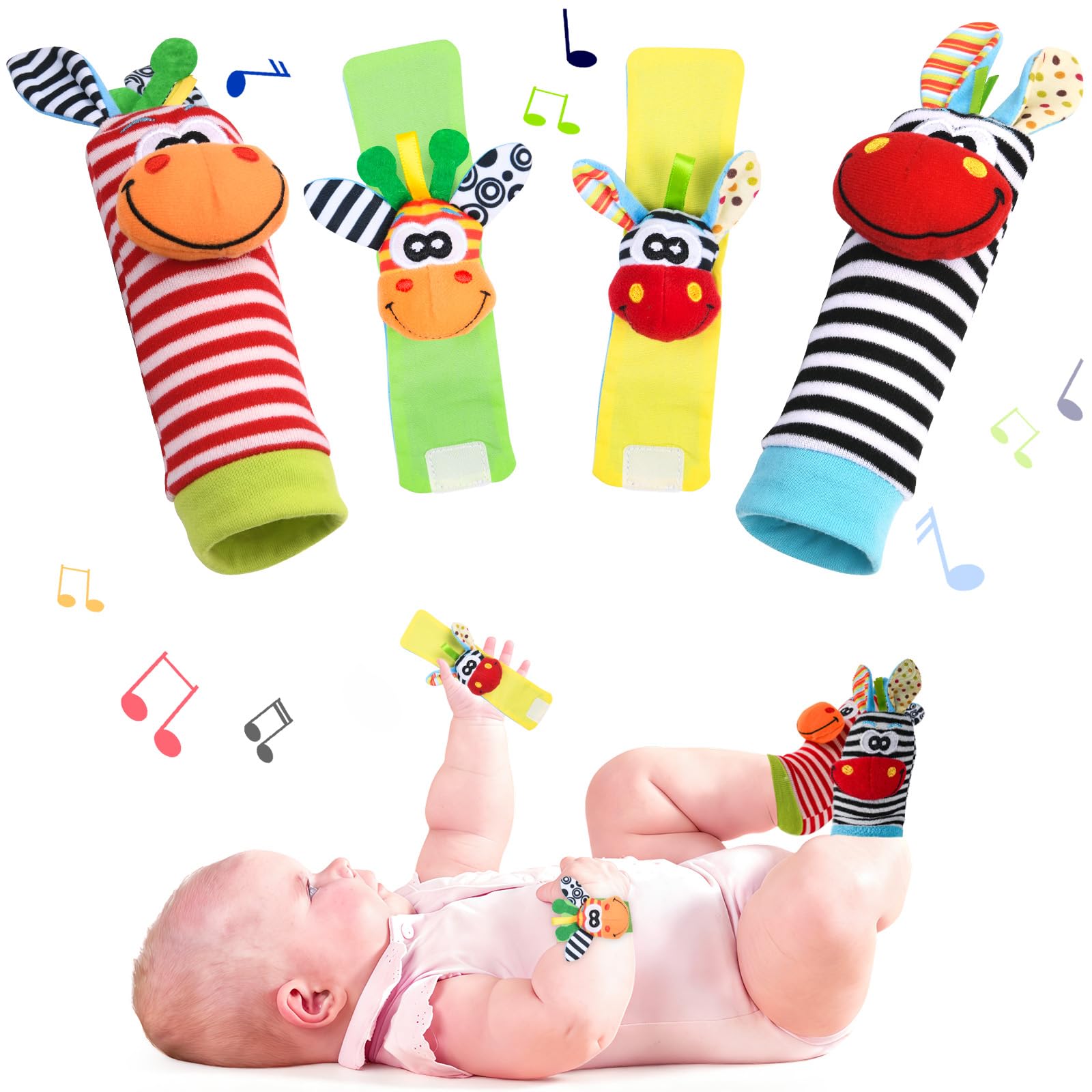 Vicloon Baby Rattle Socks Wrist Strap Rattles Set, 4pcs Foot Finders & Wrist Rattles for Infants, Baby Rattle Toy Animal Wrist Rattle Soft Bell Strap Development Toy Gift for 0-6 Month Babies Boy Girl