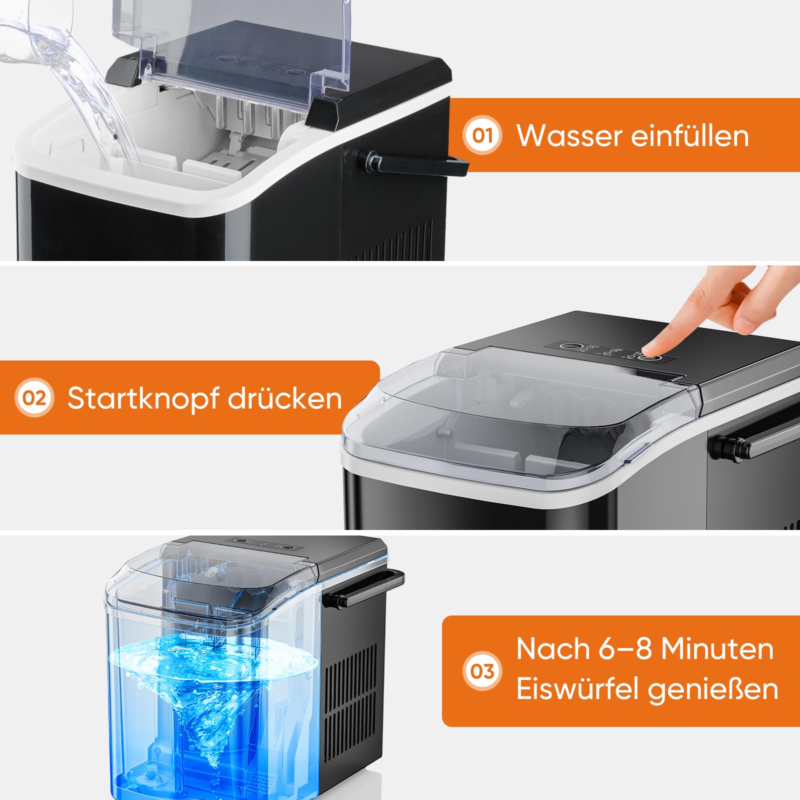 Sweetcrispy Eiswürfelmaschine mit Tragegriff, Selbstreinigend, 9 Eiswürfel in 6 Minuten, 12 kg Eis in 24 Stdn, Kompakt mit 2 Eisgrößen, Kleiner Eiswürfelbereiter für Küche Party Büro Bar, Schwarz 4