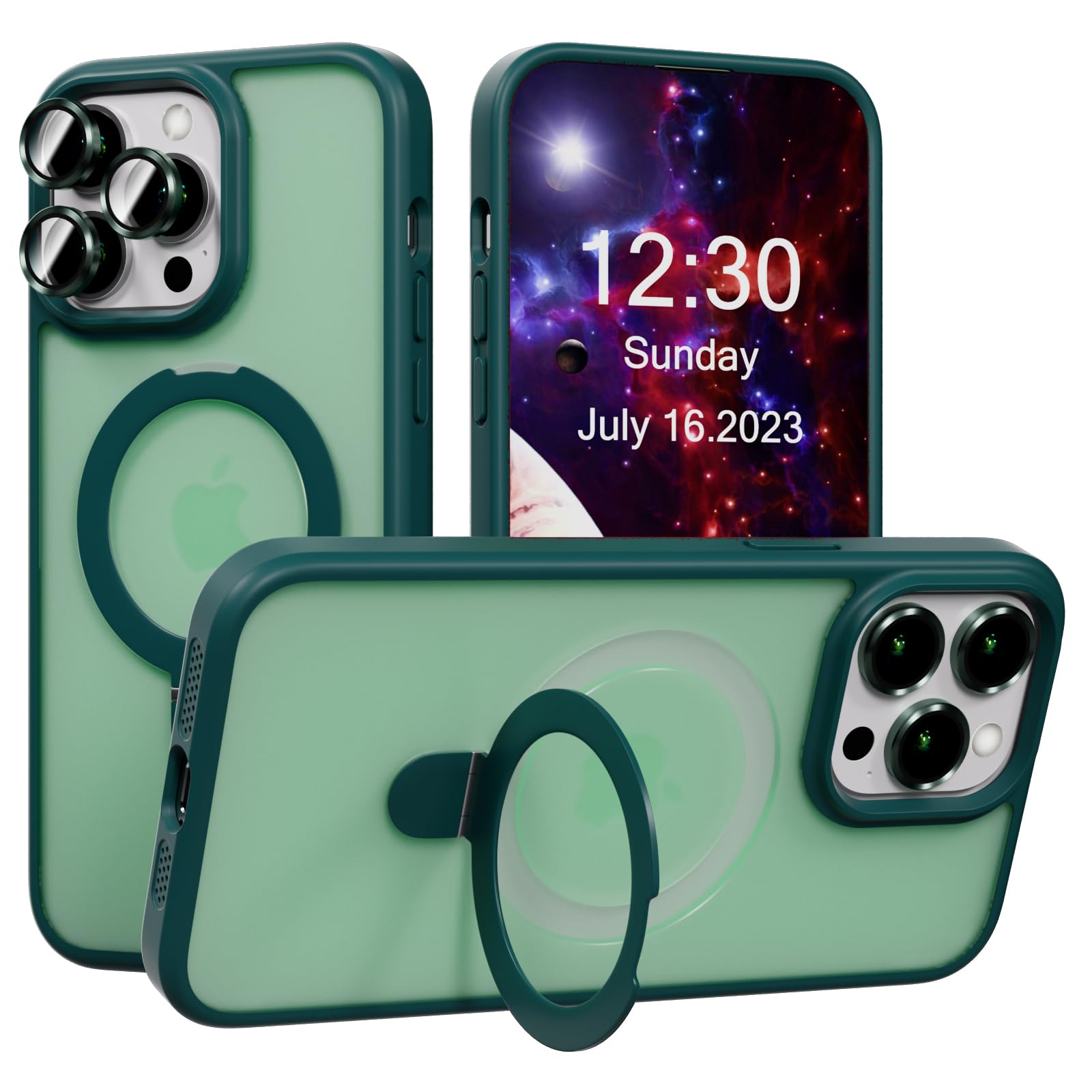 AKABEILA Case for iPhone 13 Pro Max Case with 3 Pcs Camera Lens Protector Frosted Matte Phone Case Cover Wireless Charging Magnetic Ring Stand 6.7 Inch Green — image 1