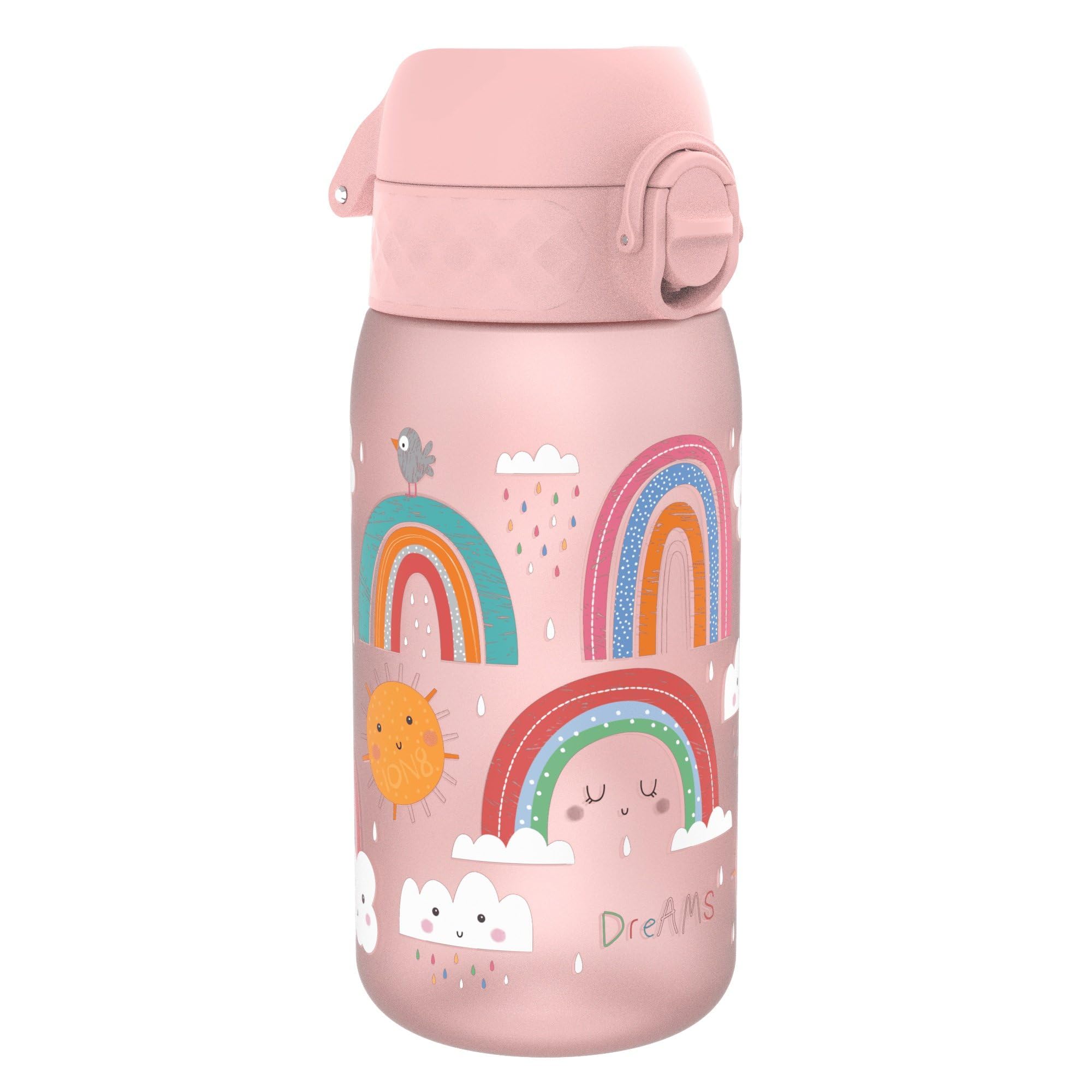 Ion8 Kids Water Bottles, 350ml/12oz, BPA Free, Leakproof, Dishwasher Safe, Easy Open, Secure Lock, Small Boys & Girls Water Bottle,Kids Drinks Bottle for Spill-free Drinking, Light Pink, Rainbows