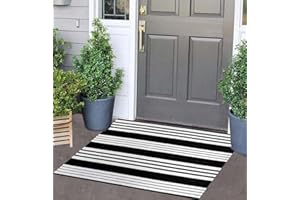 BUAGETUP Black and White Striped Outdoor Rug 24'' x 35'' Door Mat Outdoor Machine Washable Welcome Mats Cotton Hand-Woven Entryway Rug for Front Porch/Entryway/Laundry/Bathroom/Bedroom