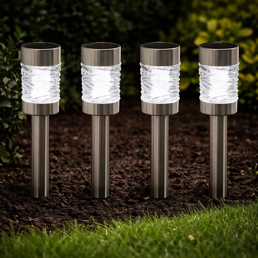 Garden Mile 4pc Martini Solar Stake Lights Durable Stainless Steel Garden Lights Solar Powered Waterproof Rust Resistant Driveway Pathway Lighting Heavy Duty Glass Outdoor Decorations