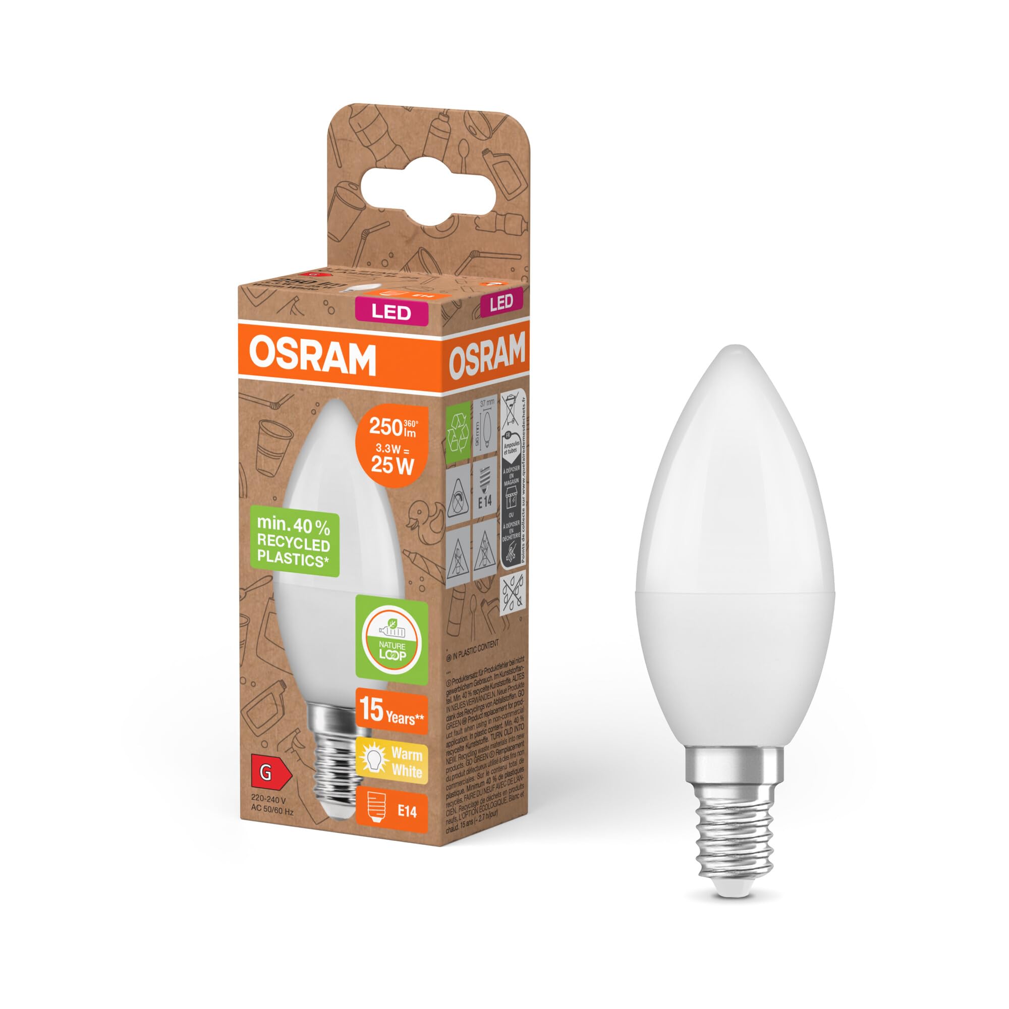 OSRAM LED Star Classic B 25 FR LED lamp, E14, Classic mini Candle Shape, White, 3.3W, 250lm, 2700K, Warm White Light, Very Low Energy Consumption, with Recycled Plastic