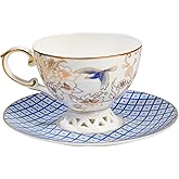 ACMLIFE Bone China Tea Cup and Saucer Set for 1, Vintage Floral Tea Cup with Saucer, Spoon and Gift Box, 6.8 oz (Blue B)