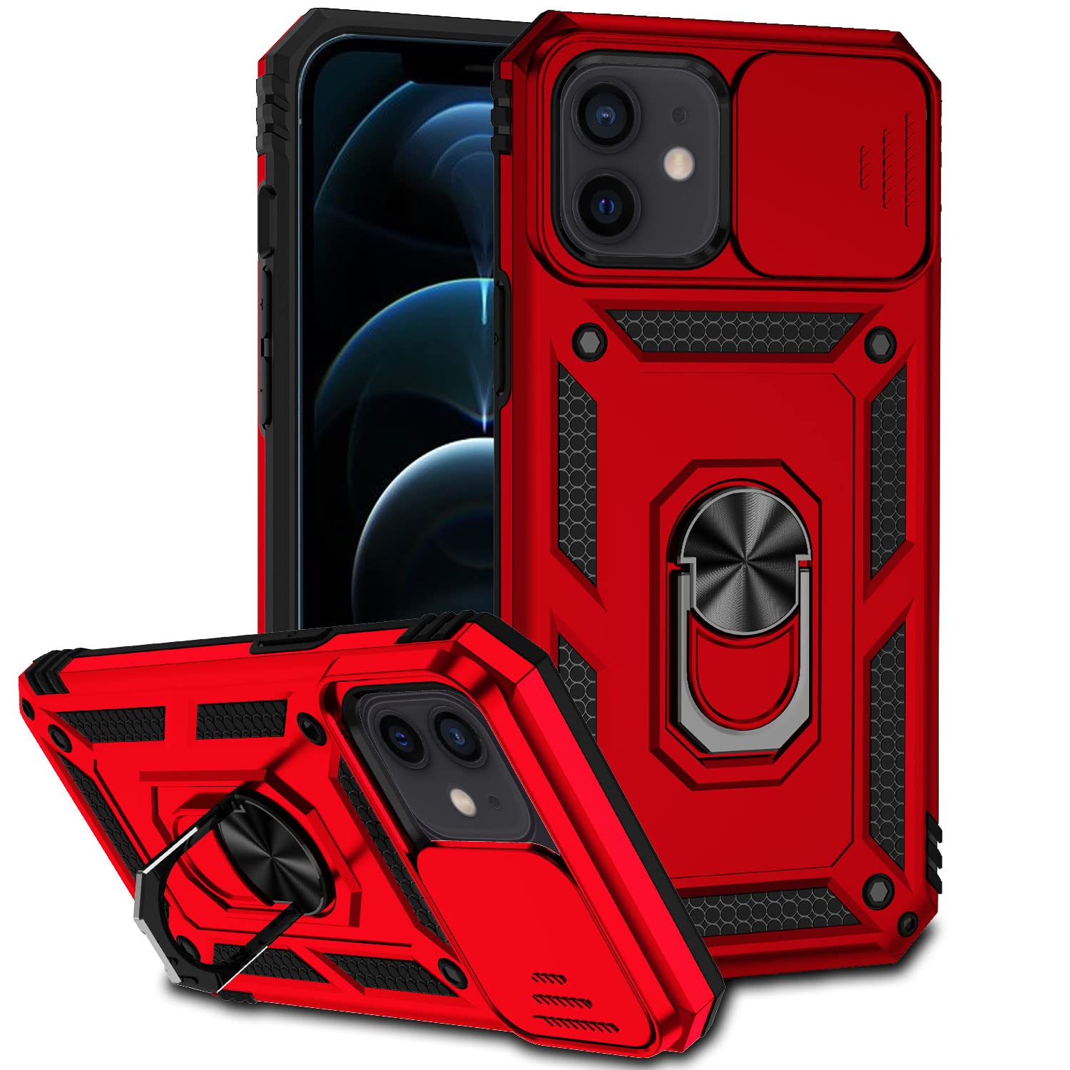 Hitaoyou iPhone 12/12 Pro Case with Camera Cover & Kickstand, Military Grade Shockproof Heavy Duty Protective with Magnetic Car Mount Holder for iPhone 12/12 Pro Red
