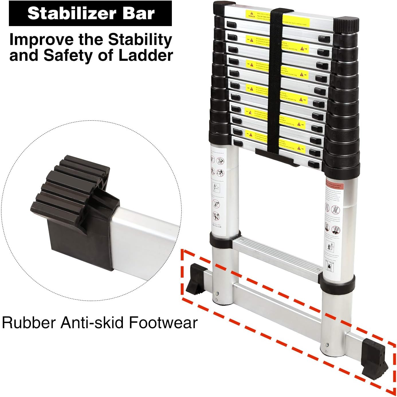 REDCAMP Aluminum Telescoping Ladder 12.5ft with Stabilizer Bar, Folding Telescopic Extension Ladder for RV Home Outdoor Use, Hold 350lbs Capacity - - 
