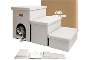 ZERBUGER Dog Stairs, Dog Steps for High Beds, Foldable Pet Stairs for Small Medium or Large Dogs Puppy with Storage for Bed and Couch, Cat Dog Ramp Hold Up to 150 lbs (Beige Gray, 3 Steps with Condo)