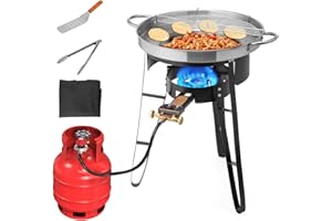 Bonnlo 23'' Concave Comal Set, 80,000BTU Propane Gas Stove & Heavy Burner Stand, Stainless Steel Discada Disc Cooker, Taco Para Carnitas Tortillas Stir Fry Wok for Backyard, Outdoor Cooking & Frying