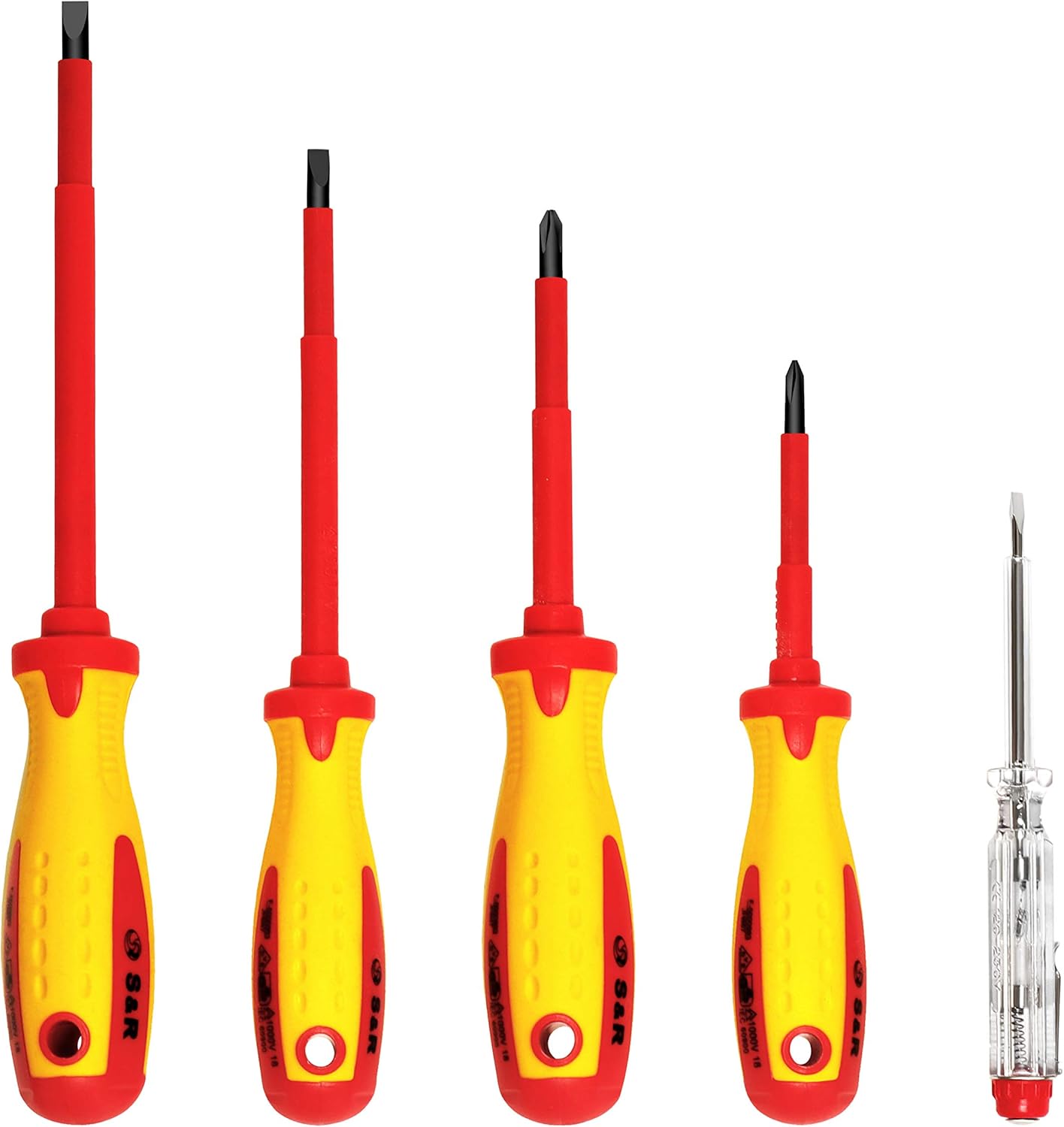 S&R Isolated Screwdrivers Electricians Set VDE-Tested (German Electrical Engineering Association) 5-Piece, SL PH Tester