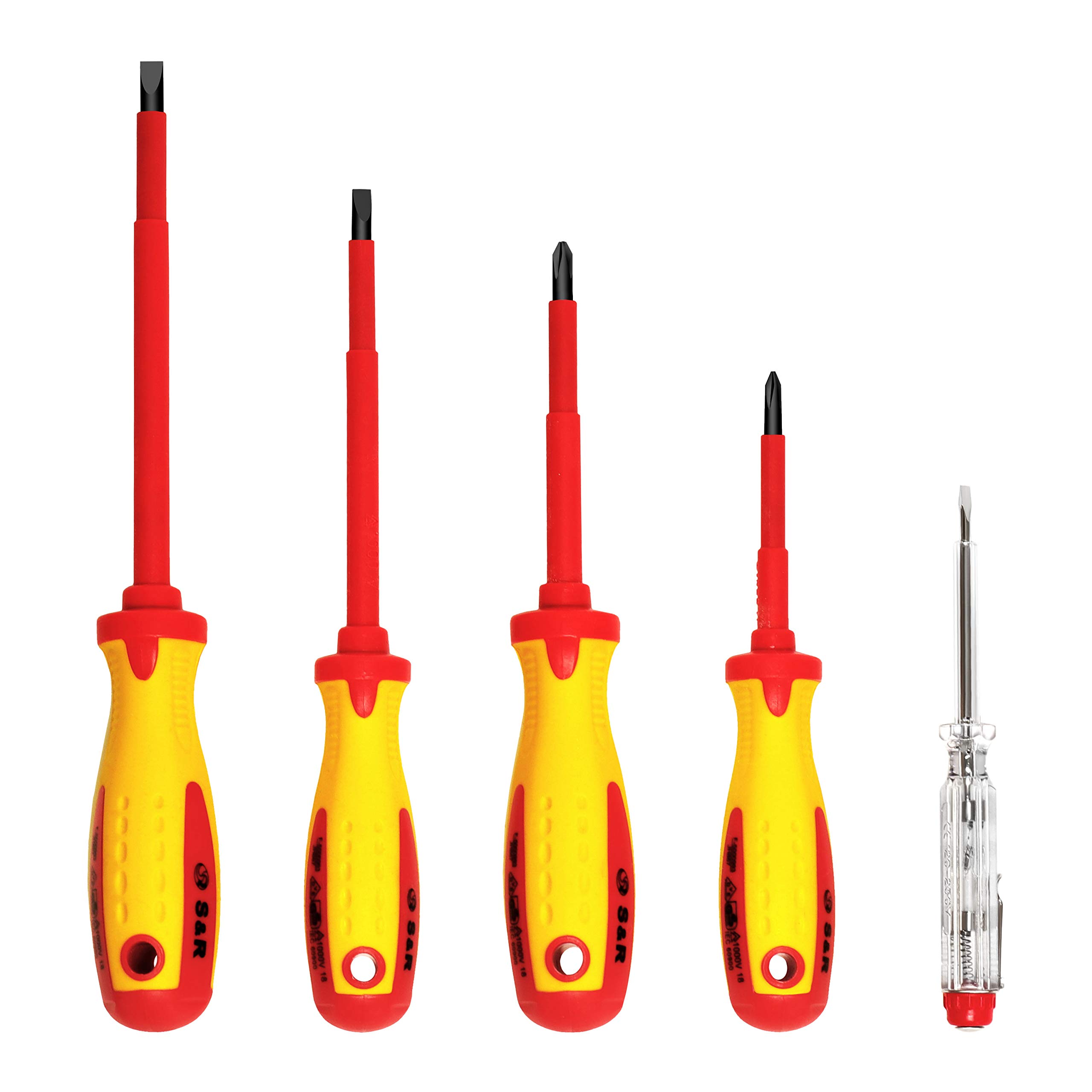 S&R Isolated Screwdrivers Electricians Set VDE-Tested (German Electrical Engineering Association) 5-Piece, SL PH Tester, Professional Quality