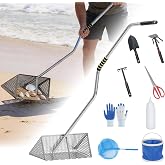 SPECILITE Sand Flea Rake with Detachable Long Handle for Beach | Stainless Steel Sand Sifter with 15.7 Inch Wide Basket for Collecting Shark Teeth, Crab, Shells, Metal