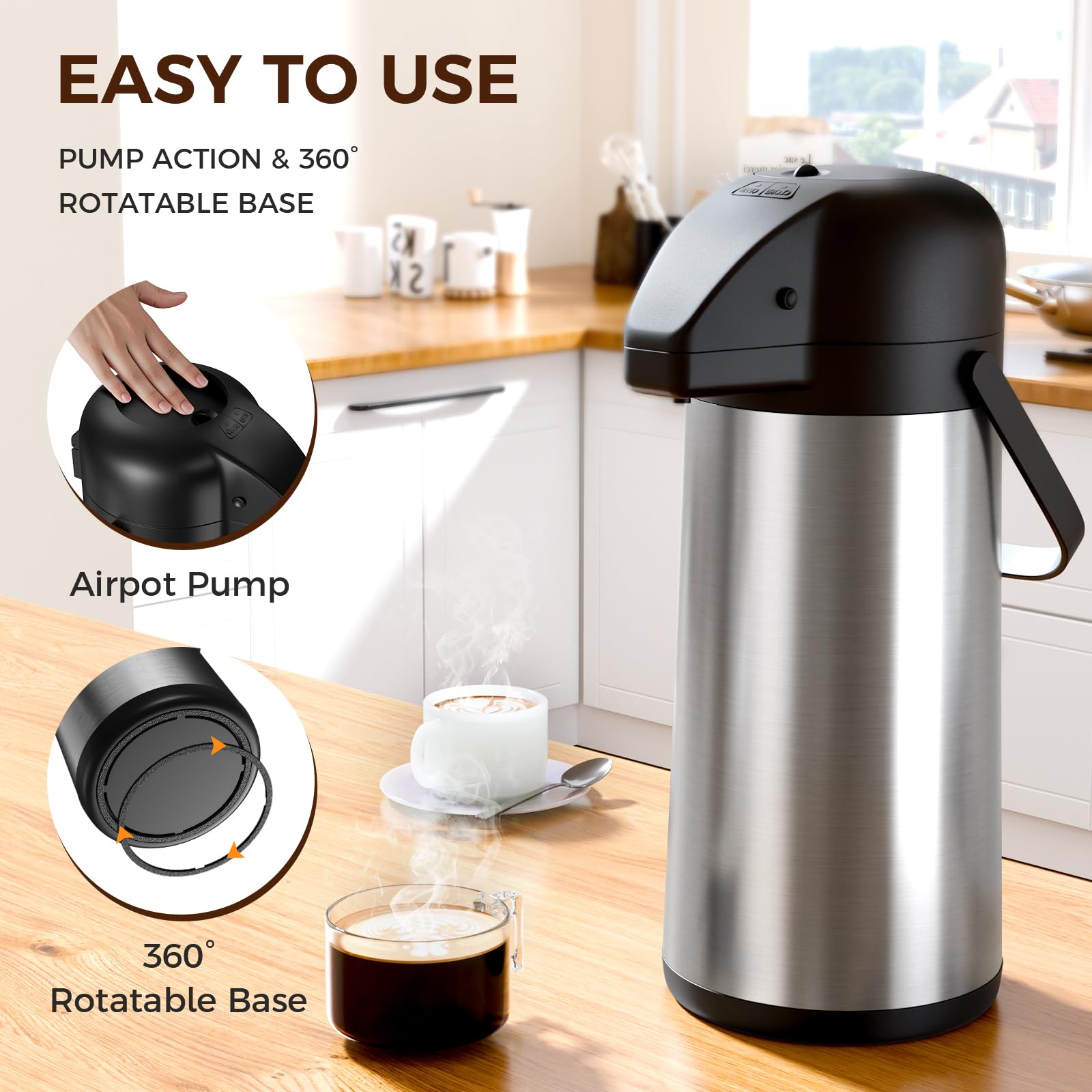Coffee Carafe for Keeping Hot - Gezoss 102OZ / 3L Airpot Coffee Dispenser with Pump - Large Coffee Thermos for Hot Drinks Tea Liquid - Insulated Stainless Steel Hot Water Beverage Urn for Parties