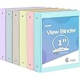 SUNEE 1 Inch Binders 3 Ring 6 Pack, Clear View Three Ring Binders PVC-Free (Fit 8.5x11 Inches) for School or Office Supplies, Pastel Binder