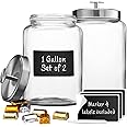 2 Large 1-Gallon Glass Canister Sets for Kitchen Counter with Stainless Steel Airtight Lids + Marker & Labels, Cookie Jar & C