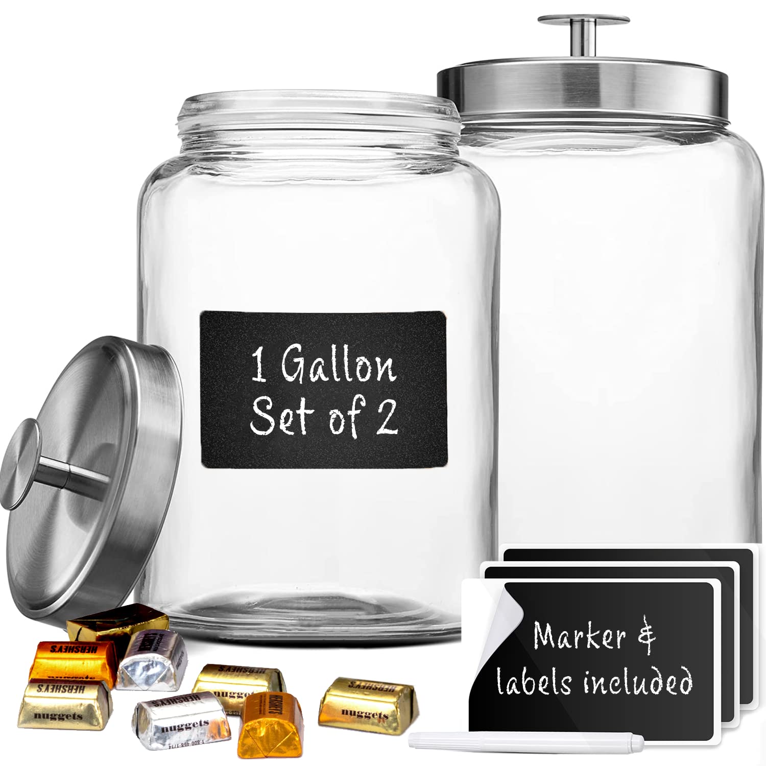 Photo 1 of 2 Large 1-Gallon Glass Canister Sets for Kitchen Counter with Stainless Steel Airtight Lids + Marker & Labels, Cookie Jar & Candy Jar for Buffet, Coffee & Flour Jars, Laundry Room Storage & Pantry