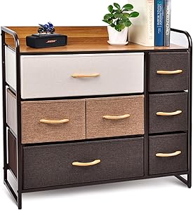 CERBIOR Drawer Dresser Closet Storage Organizer 7-Drawer Closet Shelves, Sturdy Steel Frame Wood Top with Easy Pull Fabric Bins for Clothing, Blankets - Mixture