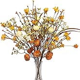 JINGHONG 6 PCS 17 Inch Fall Floral Stems Artificial Autumn Flower Picks Pumpkin Sticks Branches with Pip Berries for Thanksgiving Day Harvest Festival Centerpieces Flower Arrangements DIY Crafts