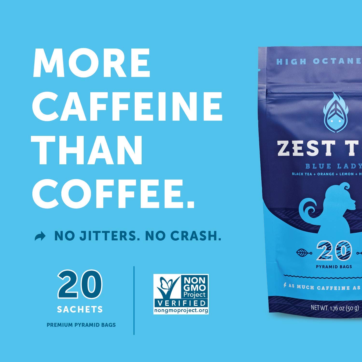 Zest Tea Energy Hot Tea, High Caffeine Blend Natural & Healthy Coffee Substitute, Perfect for Keto, 20 servings (150mg Caffeine each), Compostable Teabags (No Plastic) - Blue Lady Black Tea : Grocery & Gourmet Food