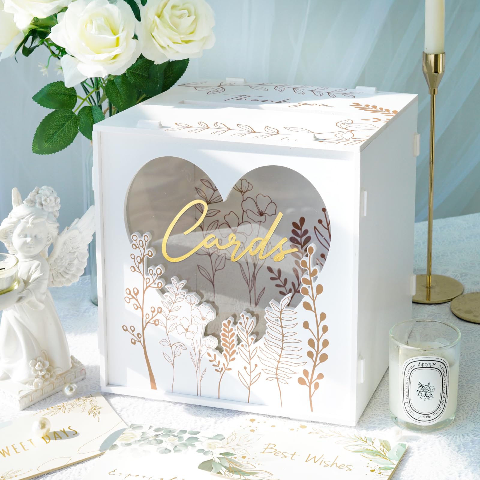 Photo 1 of **PARTIAL SET**OurWarm PVC White Card Box for Wedding Reception, Large Wedding Envelope Money Cards Box for Party with Heart Acrylic Window, Flower Pattern Gift Card Holder for Graduation Birthday Baby Shower Decor